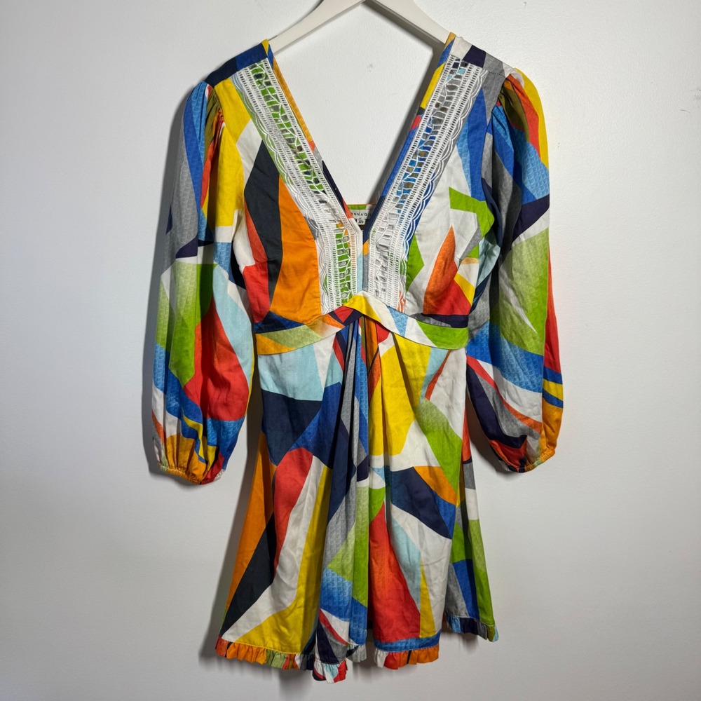 Ranna Gill Geometric Abstract Print Mini Dress V-Neck Crochet Trim XS Multicolor
